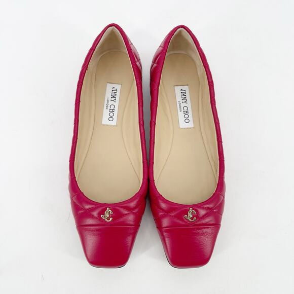 Jimmy Choo Leni Raspberry Quilted Leather Logo Square Toe Ballet Flat IT 39.5 - Picture 1 of 11